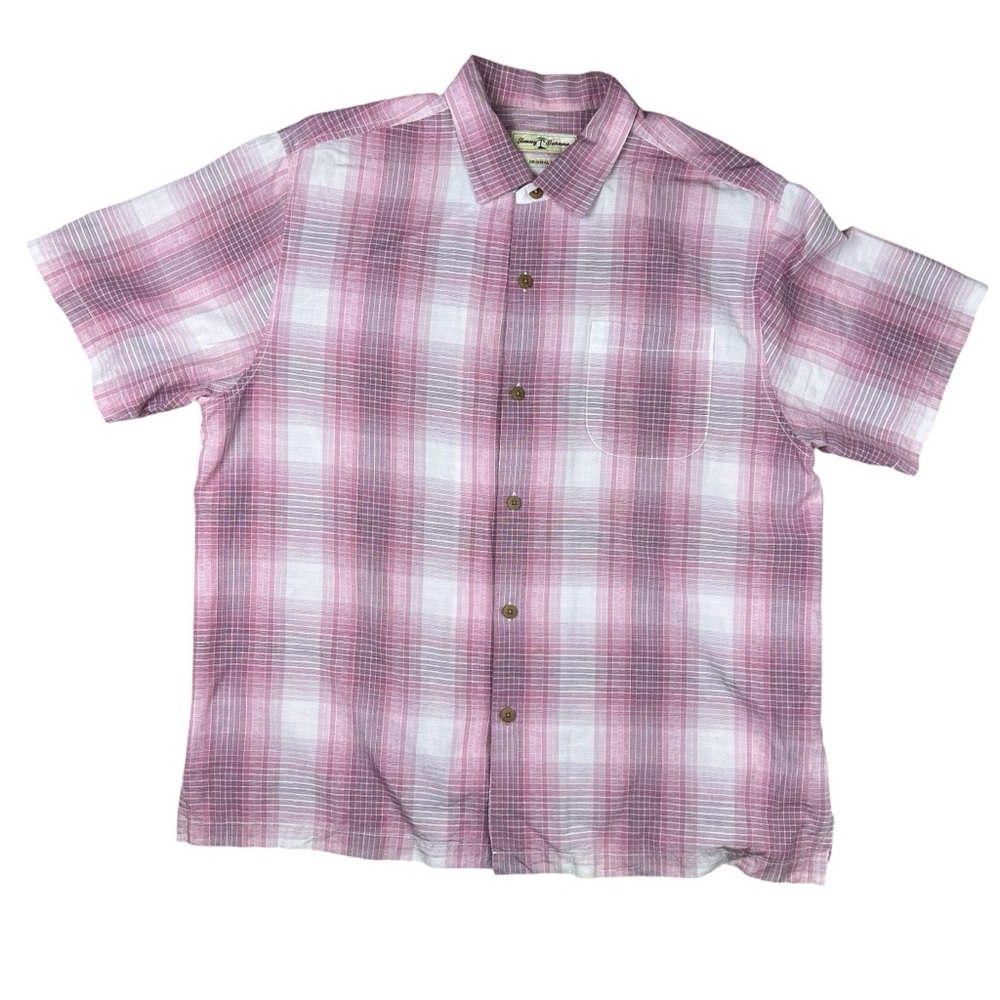 Tommy Bahama Button Up Camp Shirt XL Pink Plaid Tencel Cotton Short Sleeve - Picture 2 of 12